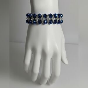 Sapphire blue and clear crystal beaded stretch bracelet